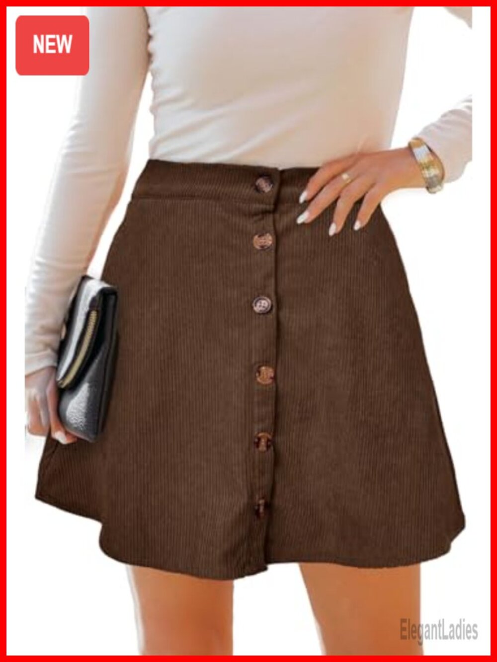 Corduroy Button Front Mini Skater Skirt A-Line Pleated with Pockets